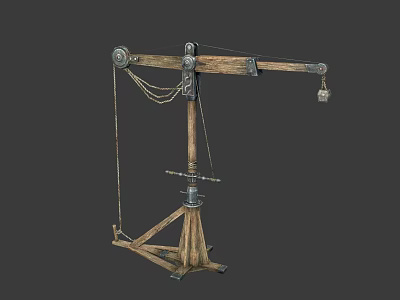 Vintage Industrial Crane With Wooden Structure Metal Pulley And Tripod Base 3d model