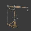 Vintage Industrial Crane With Wooden Structure Metal Pulley And Tripod Base