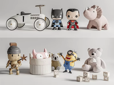 Cute Assorted Dolls Featuring Superhero Animal Cartoon Characters Toy Car Alphabet Blocks And Teddy Bear 3d model