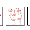 Flamingo Animal Paintings Three Piece Set with Pink Birds White Background and Black Frames