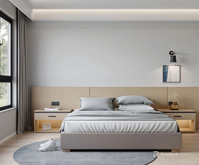 Double Bed In Modern Bedroom With Wooden Headboard Gray Bedding Nightstands Wall Lamp 3d model 