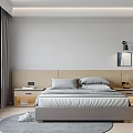Double Bed In Modern Bedroom With Wooden Headboard Gray Bedding Nightstands Wall Lamp