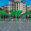 Modern Residential Community Electric Scooter Parking Lot With Sturdy Green Framed Glass Sunshade Structure