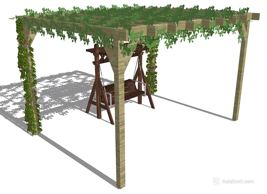Wooden Pergola With Lush Green Vines And Hanging Swing In Outdoor Area 3d model 