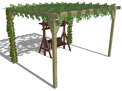 Wooden Pergola With Lush Green Vines And Hanging Swing In Outdoor Area 3d model