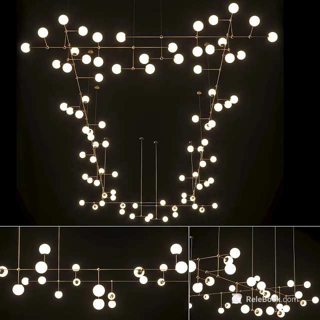 Modern Chandelier With Multiple Round Bulbs And Golden Metal Hanging Frame Design For Living Room 3d model 