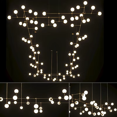 Modern Chandelier With Multiple Round Bulbs And Golden Metal Hanging Frame Design For Living Room 3d model