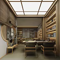 Traditional Chinese Teahouse Interior With Wooden Shelves Calligraphy Green Plant And Table Chairs