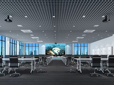 Modern Conference Room Design With Large Windows Projection Screen Tables Chairs And Grid Ceiling 3d model