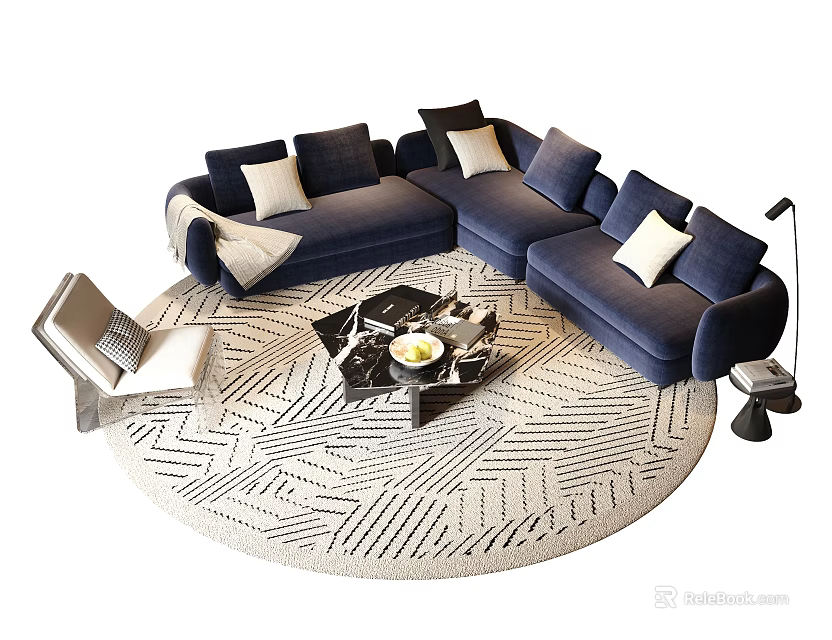 Modern Navy Blue L Shaped Sofa Coffee Table Combination With Throw Pillows Round Geometric Rug 3d model