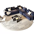 Modern Navy Blue L Shaped Sofa Coffee Table Combination With Throw Pillows Round Geometric Rug 3d model