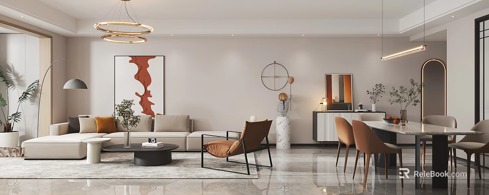 Modern Living Dining Room Interior With Sofa Coffee Table Artwork And Dining Chairs 3d model