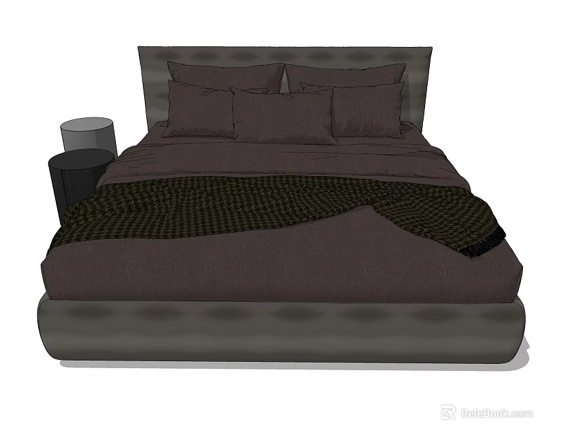 Modern Dark Brown Double Bed With Pillows Blanket And Nightstand Decorative Lamp 3d model 