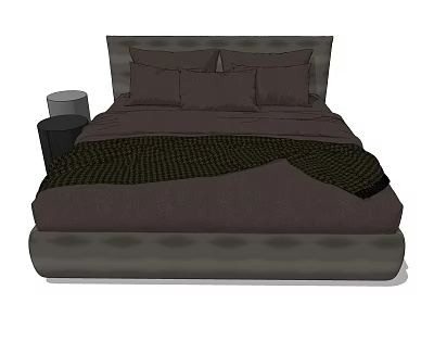 Modern Dark Brown Double Bed With Pillows Blanket And Nightstand Decorative Lamp 3d model