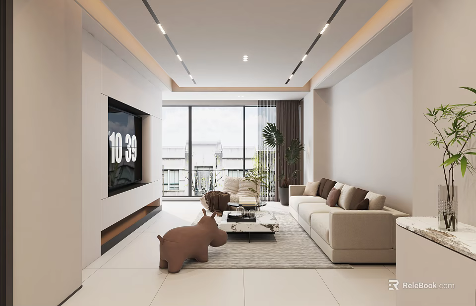 Modern Bright Minimalist Living Room With Embedded TV Large Panoramic Window And Comfortable Beige Sofa 3d model 