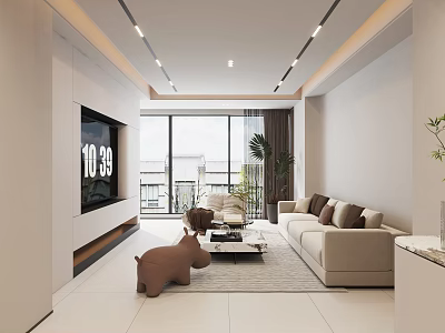 Modern Bright Minimalist Living Room With Embedded TV Large Panoramic Window And Comfortable Beige Sofa 3d model
