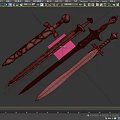 Variety of Ornate Swords with Rusted Green Patterned and Flame Effect Blades