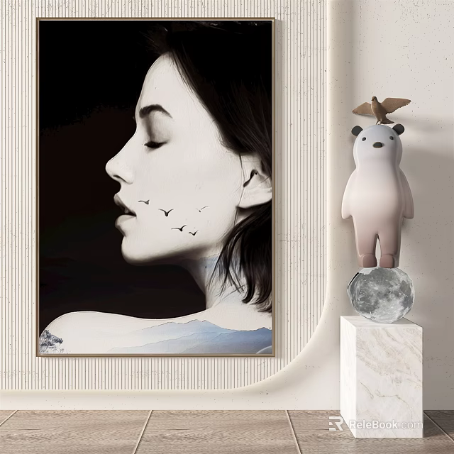 Black and White Female Profile Portrait with Closed Eyes Flying Birds in Decorative Setting 3d model 