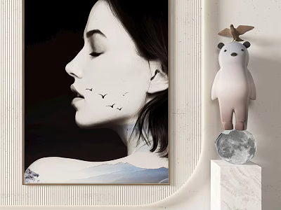 Black and White Female Profile Portrait with Closed Eyes Flying Birds in Decorative Setting 3d model