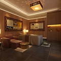 Relaxing SPA Sauna Interior With Wooden Decor Massage Beds TV And Cozy Sofa