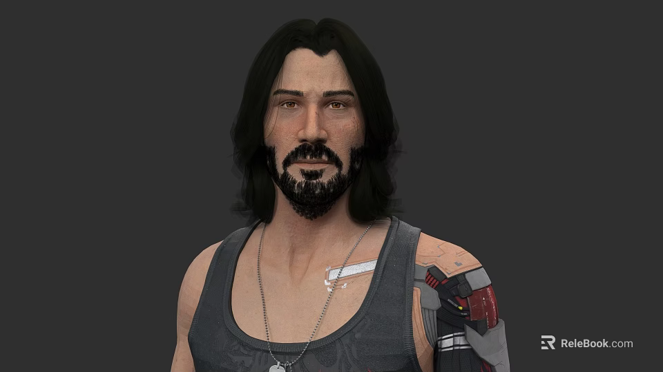 Game And Movie Character With Long Hair Beard Gray Tank Top Necklace And Mechanical Arm 3d model 