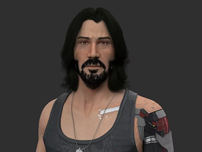 Game And Movie Character With Long Hair Beard Gray Tank Top Necklace And Mechanical Arm 3d model