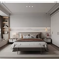Contemporary Bedroom Interior Design With Mountain Pattern Headboard Nightstands Table Lamps And Window Bookshelf