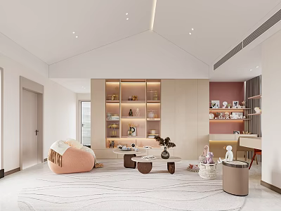 Modern Entertainment Room Interior With Pink Bean Bag Chair Coffee Tables Bookshelves Rug And Decorations 3d model