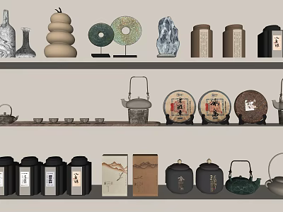 Traditional Chinese Tea Set Collection With Ceramic Teapots And Display Shelves 3d model