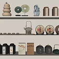 Traditional Chinese Tea Set Collection With Ceramic Teapots And Display Shelves