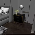 Modern Black Gold Nightstand With Drawers Table Lamp And Flower Vase Near Bed