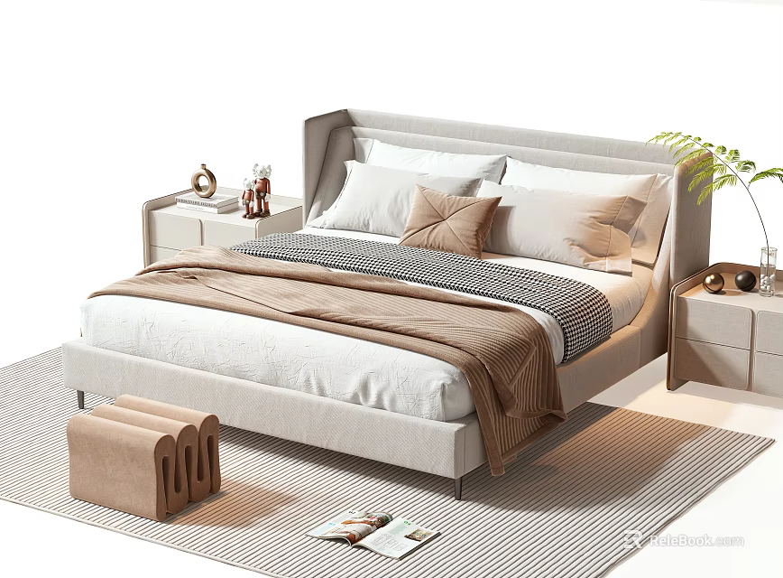 Modern Double Bed Interior With Light Gray Frame White Beige Pillows And Brown Blanket 3d model 