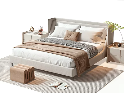 Modern Double Bed Interior With Light Gray Frame White Beige Pillows And Brown Blanket 3d model