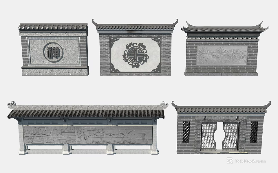 Traditional Chinese Garden Wall With Carved Patterns Tile Roof And Decorative Motifs 3d model 