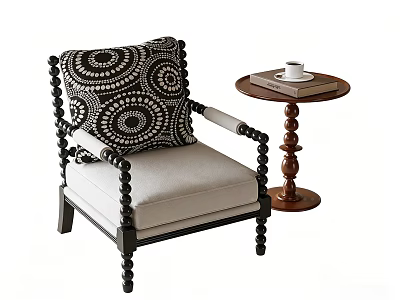 Accent Chair With Black Frame Spherical Details Light Gray Cushion Black White Patterned Pillow And Wooden Side Table With Book And Cup 3d model