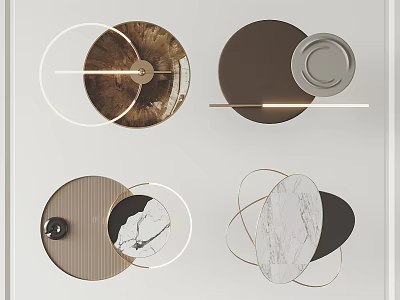 Modern Wall Decor With Circular Marble Wood Panels And Gold Metal Accent Frames 3d model