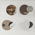 Modern Wall Decor With Circular Marble Wood Panels And Gold Metal Accent Frames
