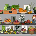 Fresh Colorful Fruits Display on Wooden Shelves with Baskets and Decorative Plants
