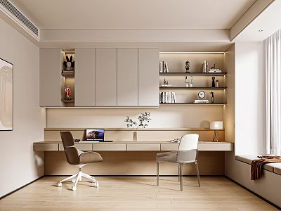 Modern Study Room Interior With Long Desk Laptop Bookshelves Decorations And Natural Light 3d model