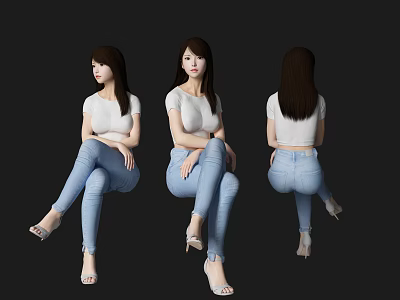 Woman in White T-shirt and Blue Jeans Sitting in Different Angles with High Heels 3d model