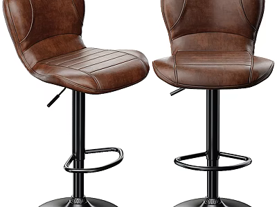 Pair of Modern Brown Leather Bar Stools with High Back and Adjustable Swivel Base 3d model