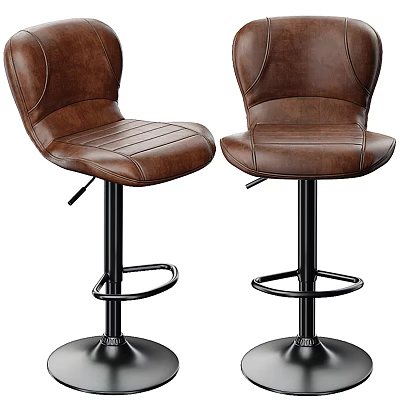 Pair of Modern Brown Leather Bar Stools with High Back and Adjustable Swivel Base 3d model