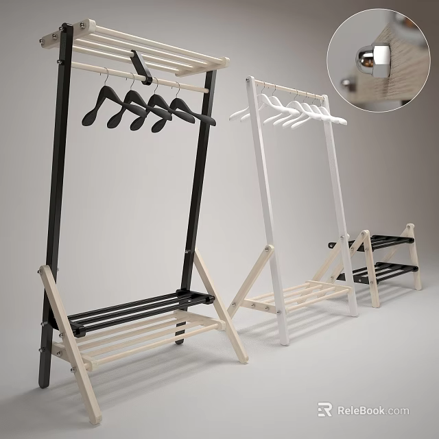 Modern Wooden Clothes Rack With Black White Frame Hanging Rod And Storage Shelf 3d model 