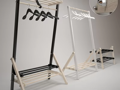 Modern Wooden Clothes Rack With Black White Frame Hanging Rod And Storage Shelf 3d model