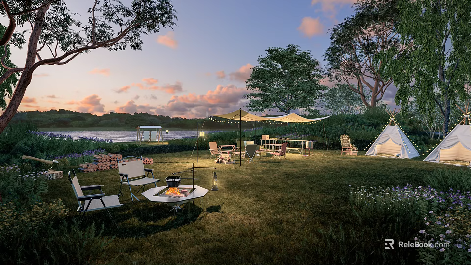 Scenic Lakeside Camping Site With Green Lawn Bonfire Tents And Sunset Views 3d model 