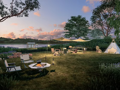 Scenic Lakeside Camping Site With Green Lawn Bonfire Tents And Sunset Views 3d model