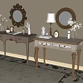 White Vanities With Gold Legs And Round Mirrors Featuring Vases Lamps And Decorative Items