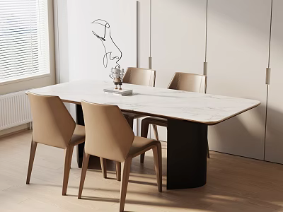 Modern Minimalist Dining Table Set With White Marble Top And Four Beige Chairs 3d model