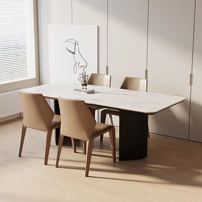 Modern Minimalist Dining Table Set With White Marble Top And Four Beige Chairs 3d model