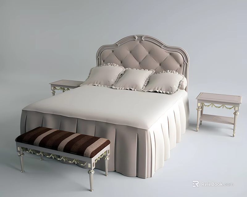 Elegant Double Bed With Upholstered Diamond Tufted Headboard Matching Nightstands And Striped Bench 3d model 
